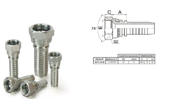 Imagen de HEMBRA RECTO JIC 1.1/16" UN X 12F 08 MANG.1/2"
